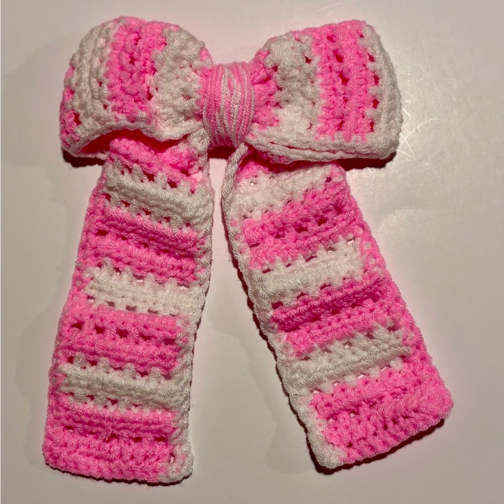 Pink and White Crochet Hair Bow